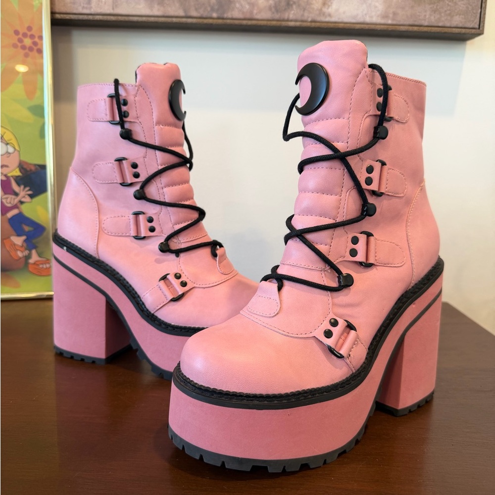 Killstar Pink Platform Lace-Up Ankle Boots with Black Accents